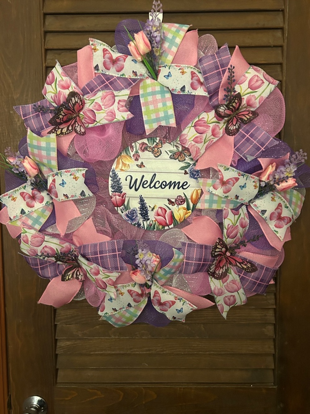 Welcome Spring Pink & Purple Floral Butterfly Holiday Wreath